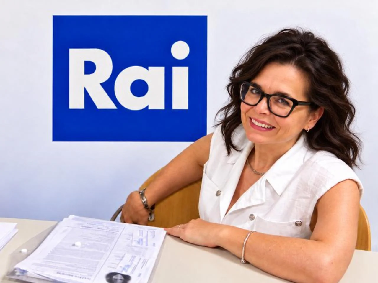Palma Marino Aimone alla sua scrivania in Rai, col logo Rai alle spalle.